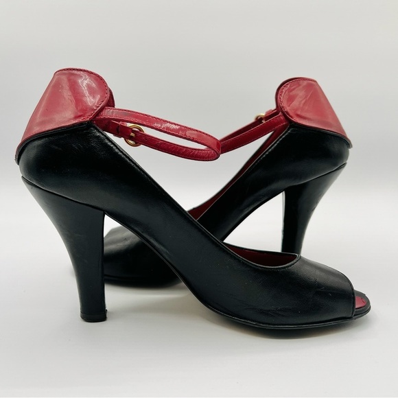 LOVE MOSCHINO PUMPS OPEN TOE LEATHER HEEL RED AND BLACK SHOE HEART SHAPE SIZE 38 - Picture 9 of 17